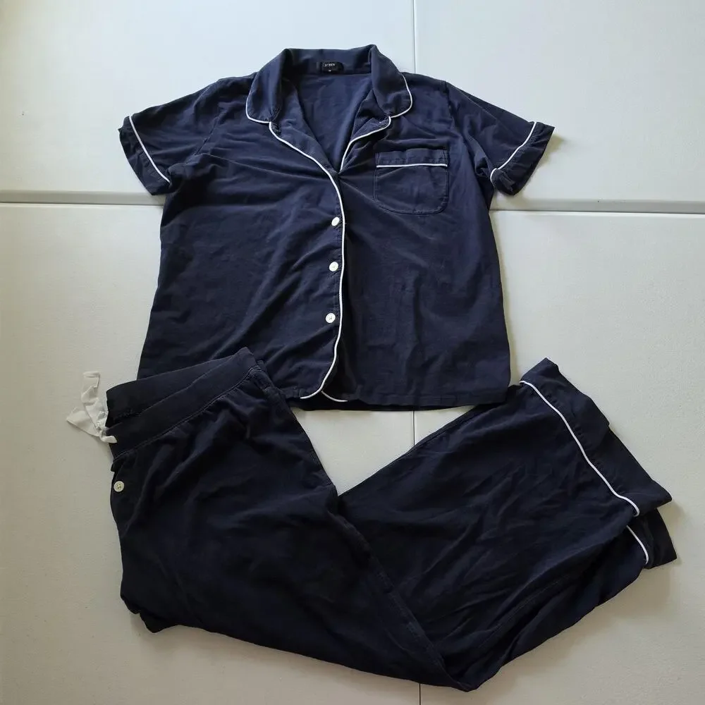 J.Crew Pajama Set Womens Medium Blue Jersey Short Sleeve Button Top Capri Pants